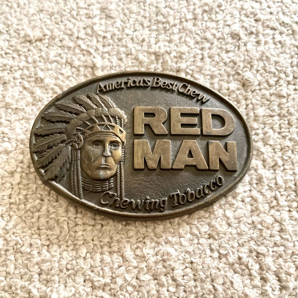 Vintage 1988 Red Man Chewing Tobacco Belt Buckle by Pinkerton
